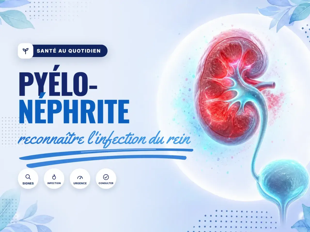 Pyélonéphrite : reconnaître l'infection du rein. L'image montre un rein et une vessie, avec des icônes pour les signes, l'infection, l'urgence et la consultation.