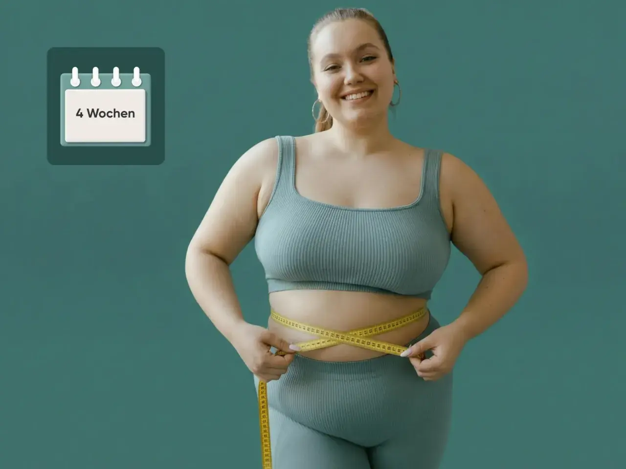 Frau misst ihren Bauch mit einem Maßband. Kalender-Icon zeigt "4 Wochen" an, was auf ein Ziel zum Abnehmen in 4 Wochen hindeutet.