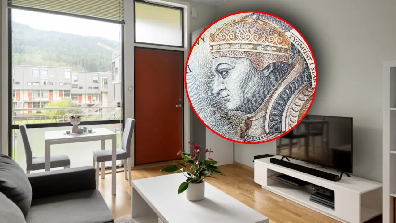 Nowoczesne mieszkanie z widokiem na góry. W rogu banknot z Zygmuntem, symbolizujący podatek od wynajmu.