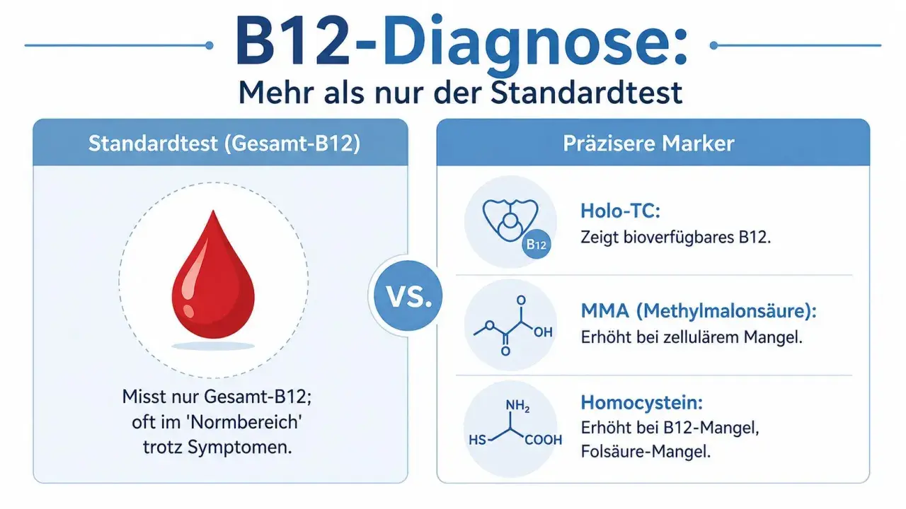 B12-Diagnose: Standardtest vs. präzisere Marker wie Holo-TC, MMA und Homocystein, die einen Vitamin B12 Mangel genauer aufzeigen.