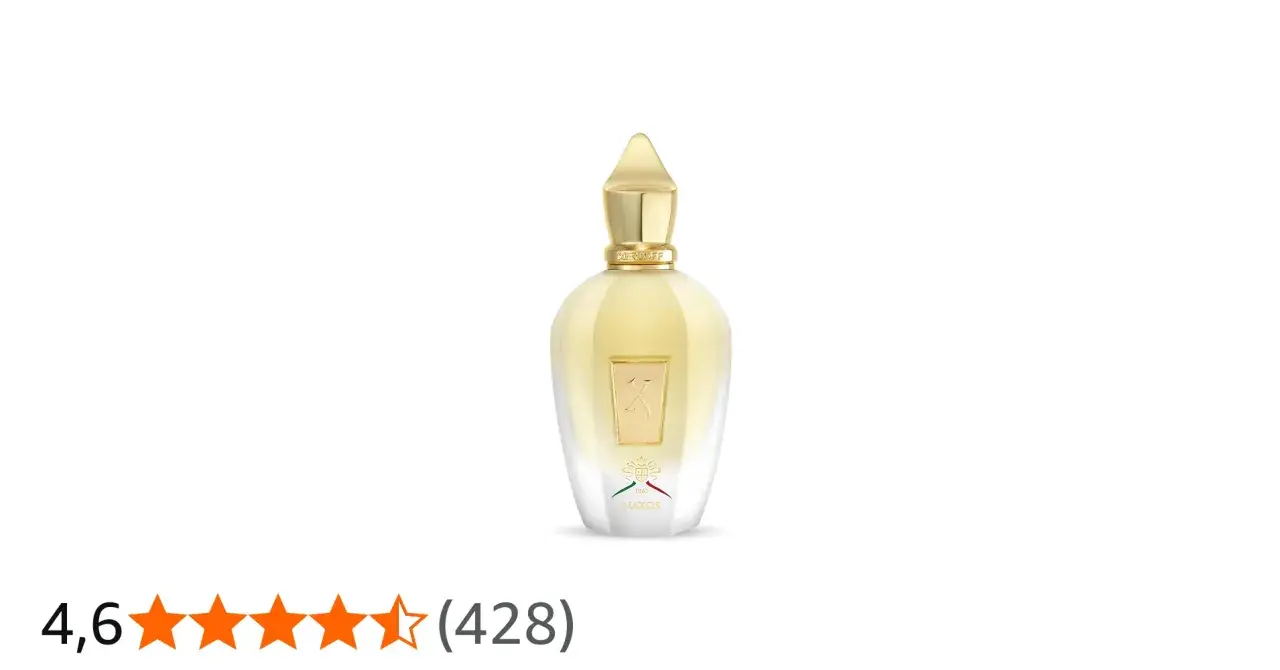Elegancka butelka perfum Naxos Xerjoff, z płynem w kolorze złota i złotym korkiem.