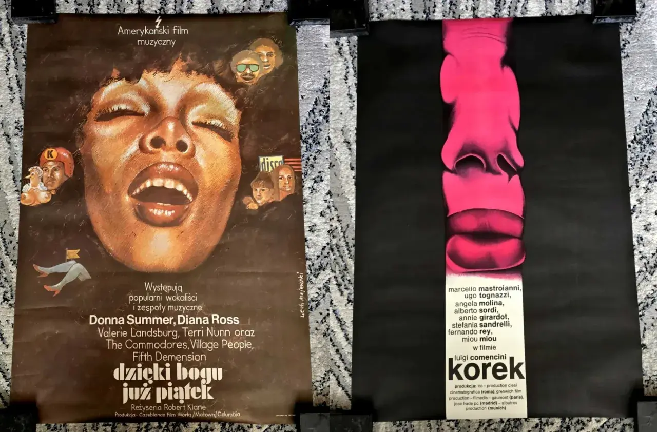 Dwa plakaty filmowe: z lewej "Dzieci bogu już piątek" z Donna Summer, z prawej "Korek" z Marcello Mastroianni. Oba filmy od 21 lat.