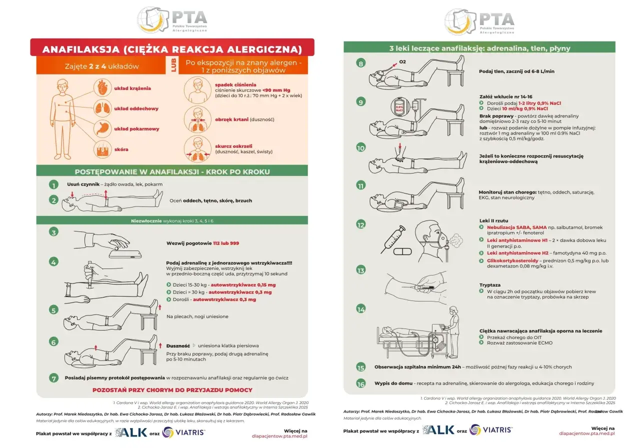 Ilustracja przedstawia schemat postępowania w anafilaksji, ciężkiej reakcji alergicznej, która może być wywołana przez pokarm.