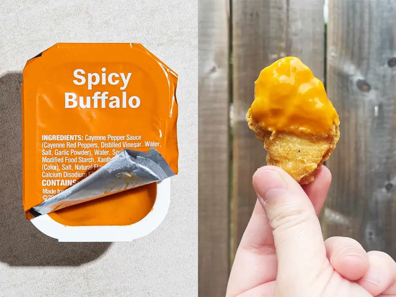 Sos Spicy Buffalo i nugget z serem. Idealne na przekąskę, gdy masz ochotę na 20 McNuggets kcal.