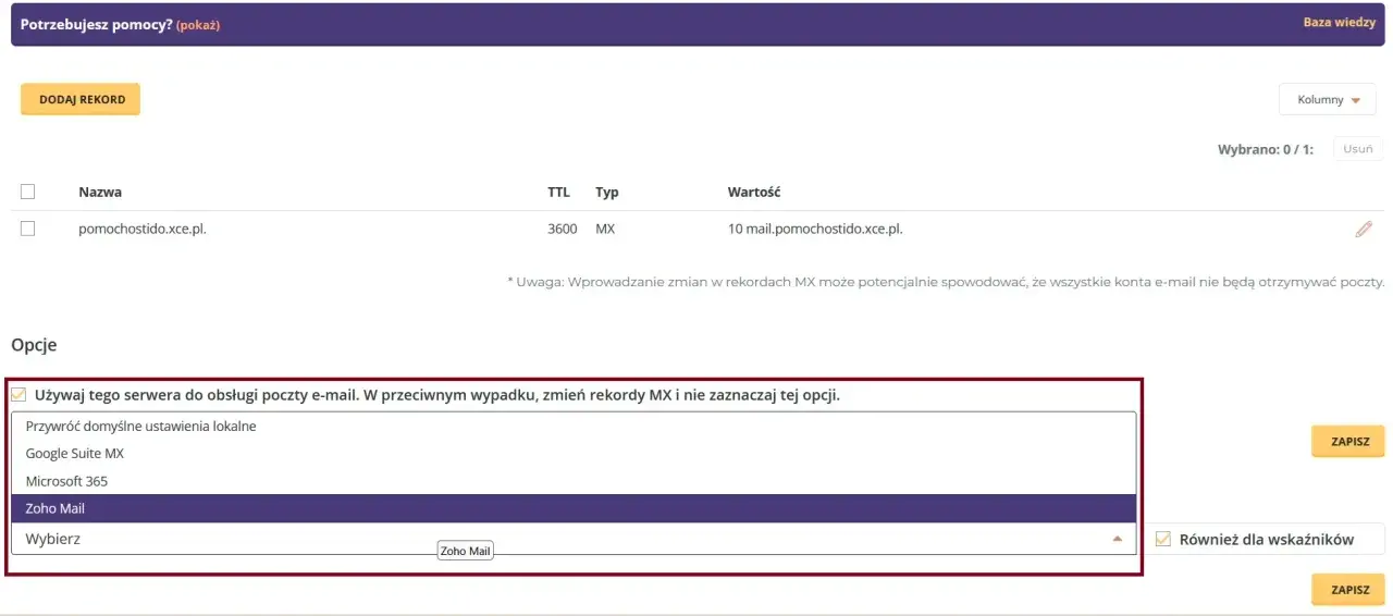 Konfiguracja rekordów DNS MX dla poczty e-mail. Wybrano Zoho Mail.
