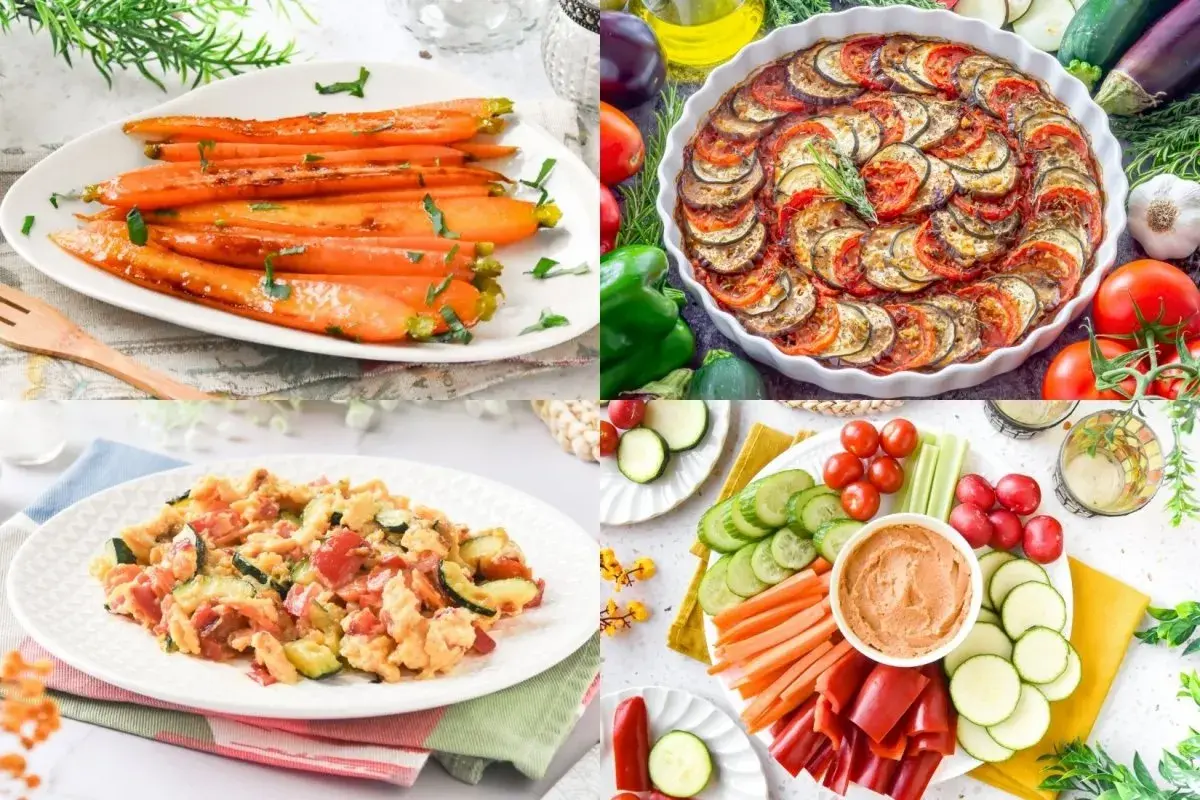 Cuatro platos con deliciosas recetas de verduras: zanahorias glaseadas, ratatouille, revuelto y crudités con hummus.
