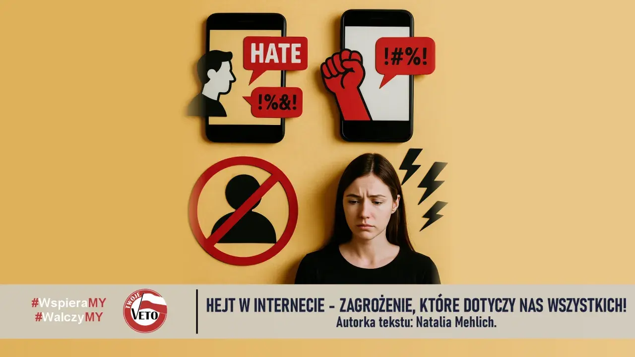 Smutna dziewczyna obok symboli hejtu w internecie. Telefony z napisami "HATE" i przekleństwami, zakaz wchodzenia dla użytkownika.