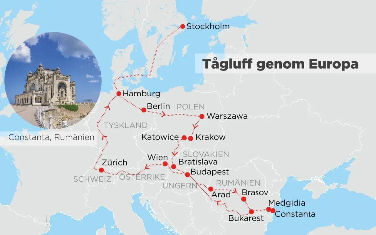 Karta över en tågluff genom Europa med rutt från Stockholm via Hamburg, Berlin, Warszawa, Wien, Budapest till Bukarest och Constanta. Bra interrail tips!