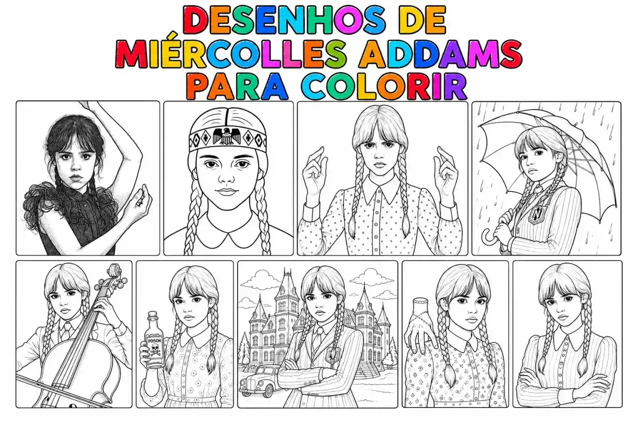 Dibujos de Miércoles Addams para colorear. Varias escenas de Miércoles, tocando violonchelo, con un paraguas, y más.
