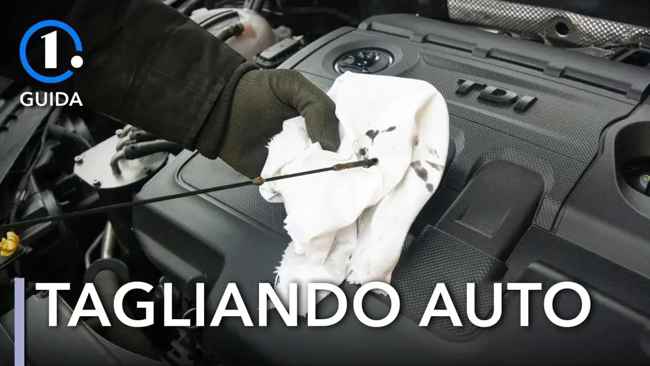 Guida per controllare l'olio motore: si può fare il tagliando da soli. La mano guantata pulisce l'astina dell'olio su un panno bianco.