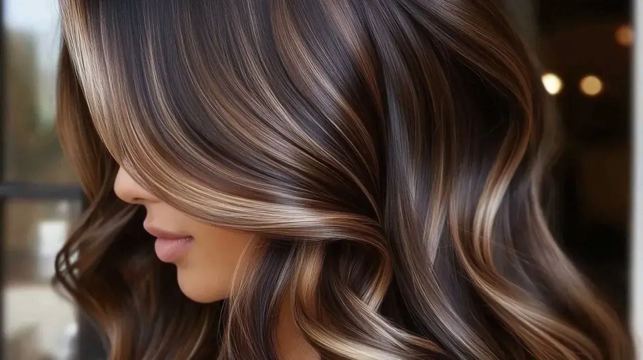 Cabello castaño con mechas melting que brillan como caramelo líquido.