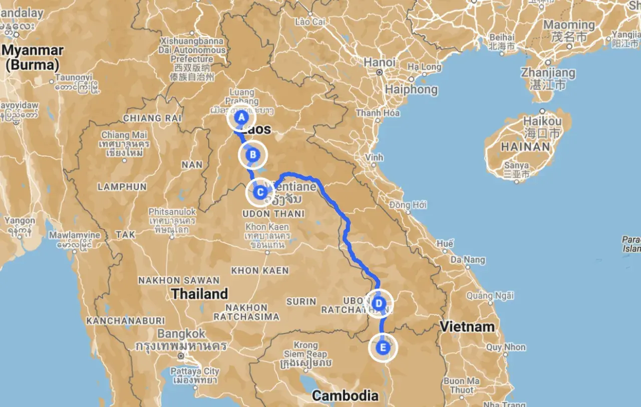Reiseroute für Laos-Backpacking: Von Luang Prabang über Vientiane nach Süden.