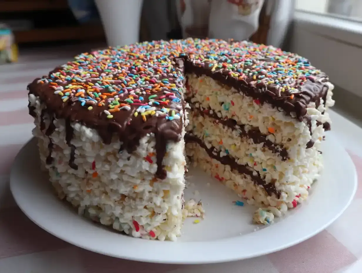 En festlig rice krispies tårta med choklad och färgglada strössel. Perfekt för kalas!