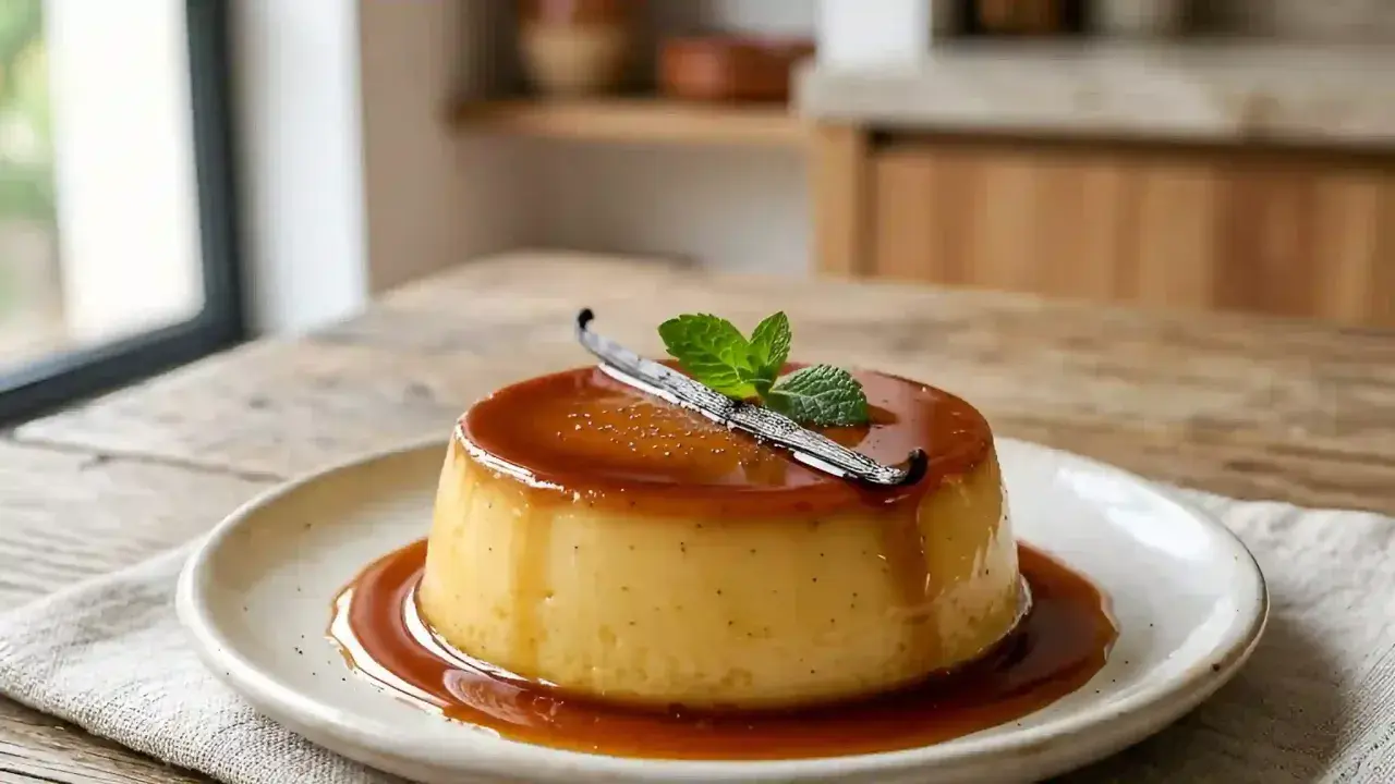 Un délicieux flan antillais, nappé de caramel et garni d'une gousse de vanille et de menthe.