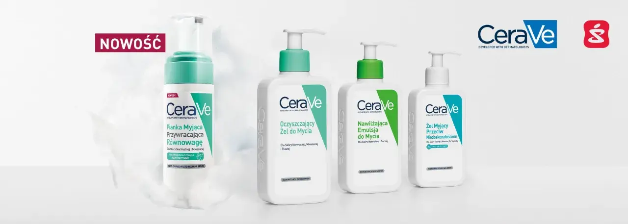 Kolekcja produktów CeraVe: pianka, nawilżająca emulsja i oczyszczający żel do mycia.