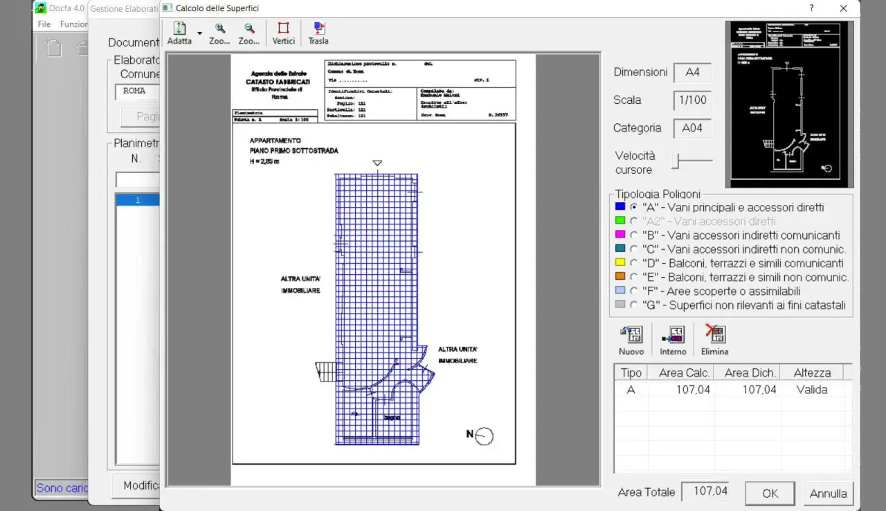 Schermata del software Docfa 4.0 per il nuovo catasto edilizio urbano, con planimetria e dati di calcolo.