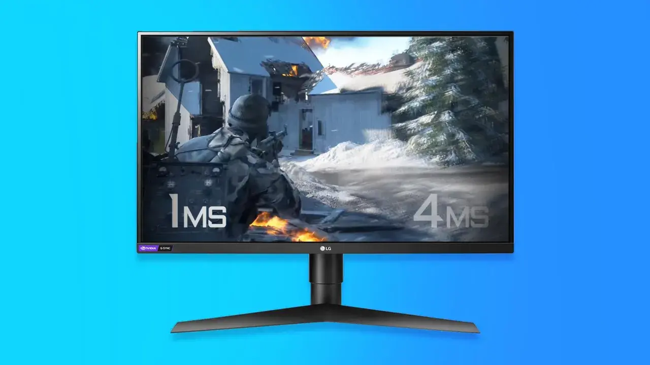 LG Gaming Monitor mit 1ms und 4ms Reaktionszeit, zeigt eine Szene aus einem Schneespiel.