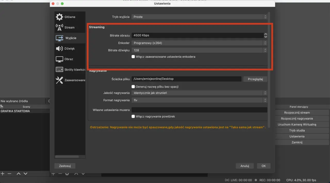 Ustawienia OBS: bitrate obrazu 4500 Kbps, enkoder Programowy (x264). Konfiguracja nagrywania ekranu.