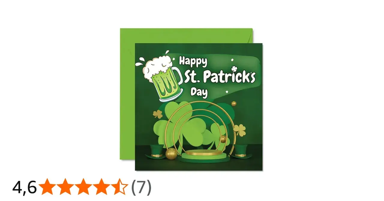 Biglietto verde per San Patrizio con boccale di birra, trifogli e cappelli. Frasi di auguri per la festa.