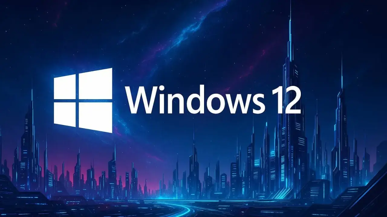 Futurystyczne miasto nocą, oświetlone neonami, z logo Windows 12 na tle kosmicznego nieba.
