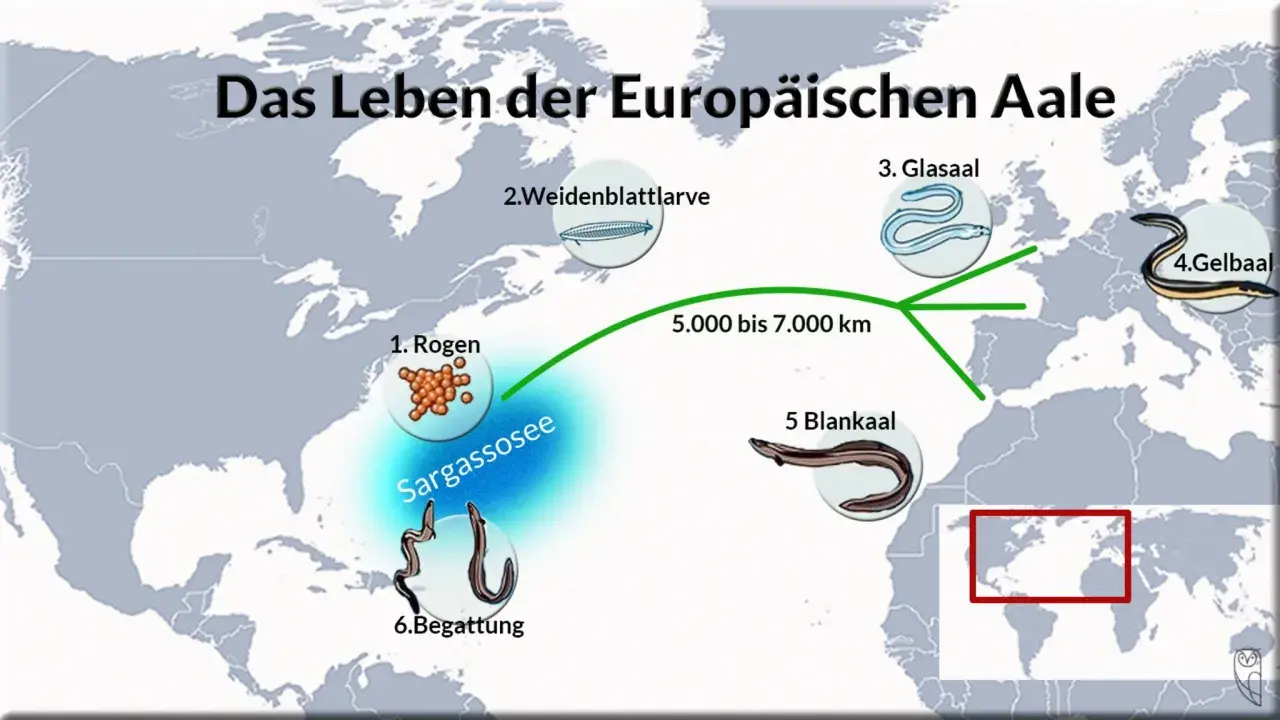 Der Lebenszyklus des Europäischen Aals: von Rogen in der Sargassosee über Larven und Glasaal bis zum Gelbaal in Europa.