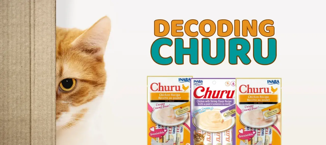 Curious cat peeks out, wondering if Churu is good for cats. Three Churu cat treat packages are displayed.