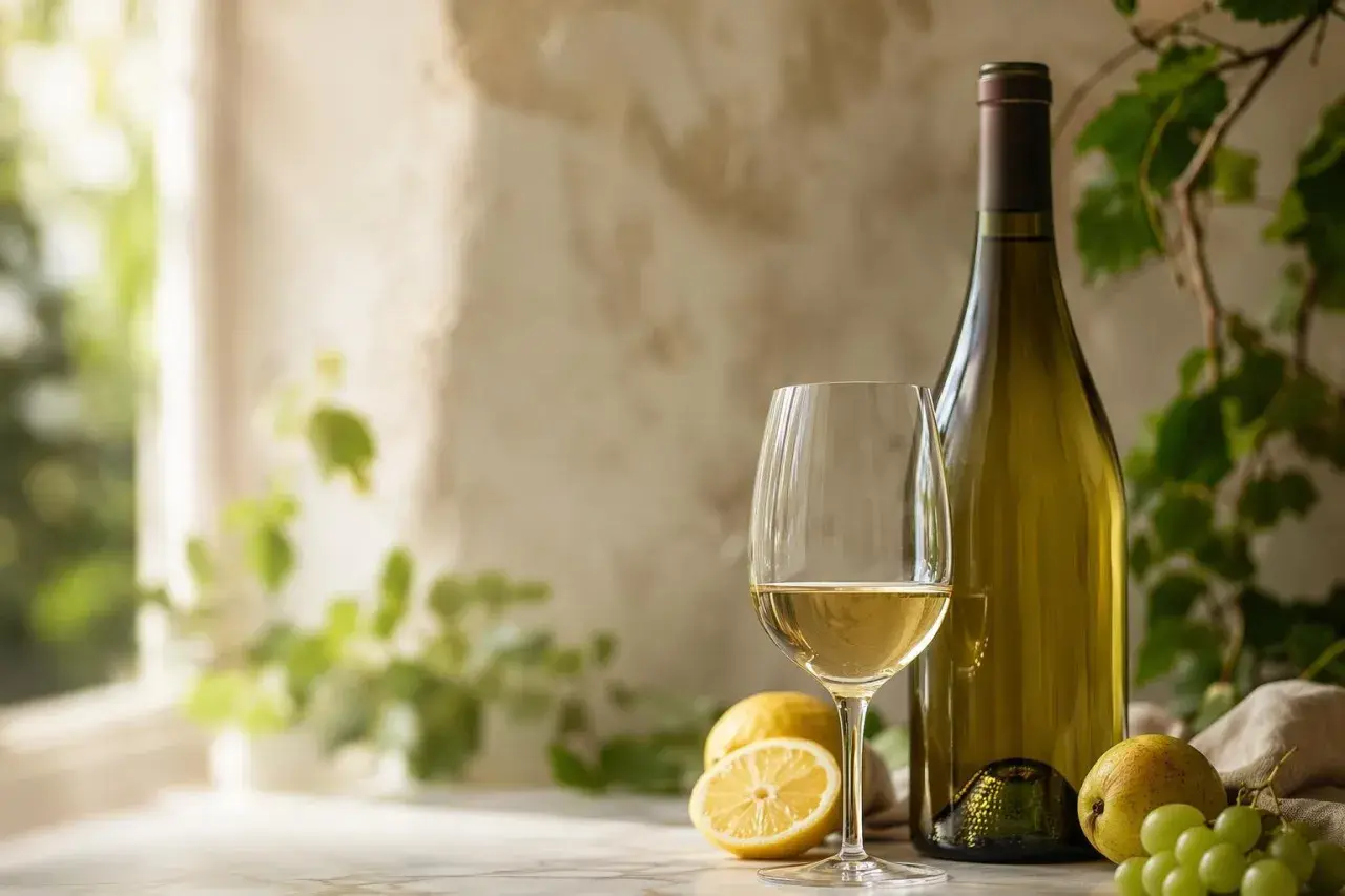 Un verre de sauvignon blanc avec des citrons et des raisins. Parfait pour un apéritif frais.