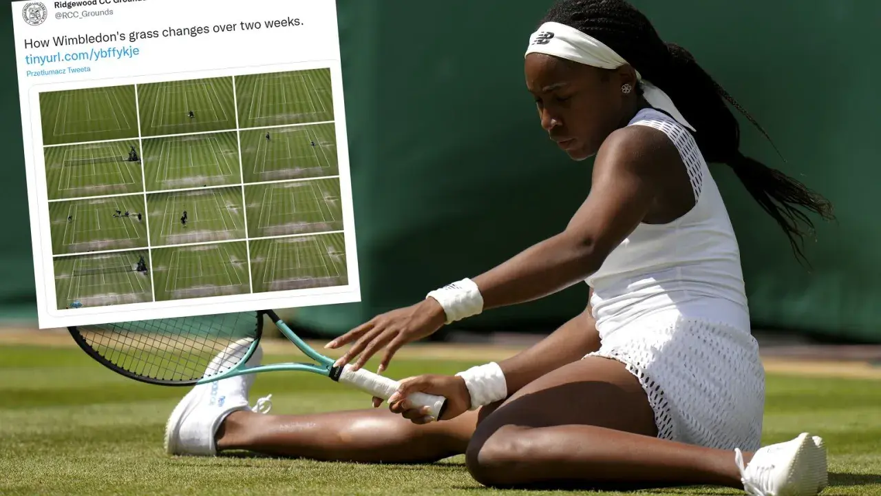 Tenis ziemny w Wimbledon, gdzie trawa zmienia się pod wpływem gry. Zawodniczka w białym stroju na zielonym korcie.