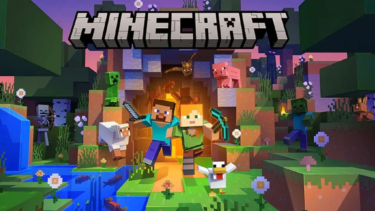 Steve i Alex gotowi na przygodę w świecie Minecrafta, gdzie **minecraft cross play** pozwala grać z przyjaciółmi niezależnie od platformy. Creeper, zombie i inne stwory czają się w tle.