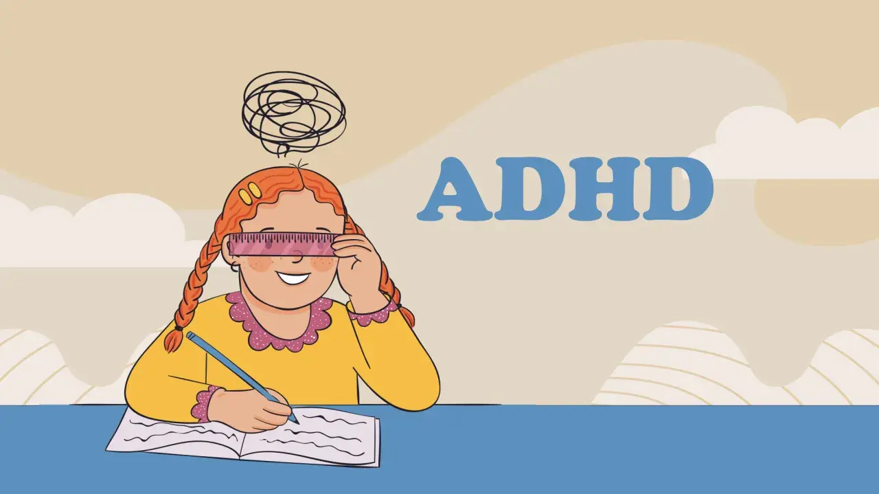 Bambina con righello sugli occhi, simbolo di difficoltà di concentrazione, uno dei sintomi dell'ADHD.