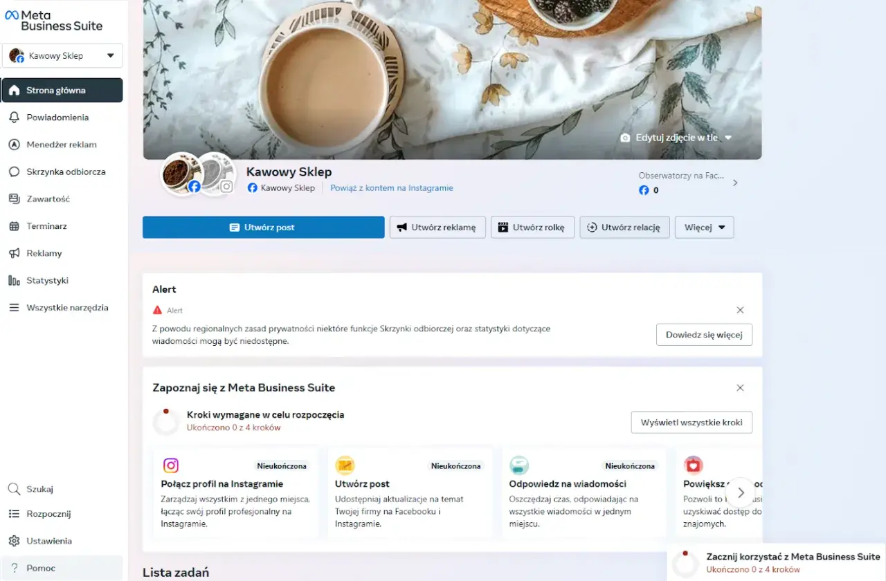 Meta Business Suite: jak założyć konto firmowe na FB bez konta osobistego. Widok panelu zarządzania profilem "Kawowy Sklep".