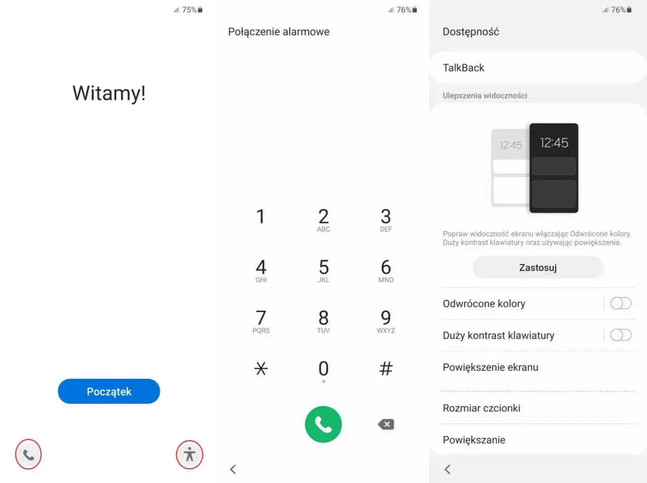 Konfiguracja telefonu: ekran powitalny, klawiatura numeryczna i ustawienia dostępności, w tym opcje poprawy widoczności ekranu.