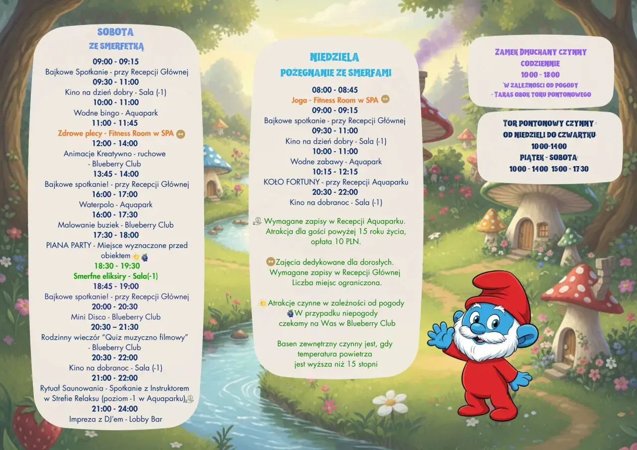 Smerf animator zaprasza na sobotnie i niedzielne atrakcje: kino, aquapark, zabawy i imprezy.