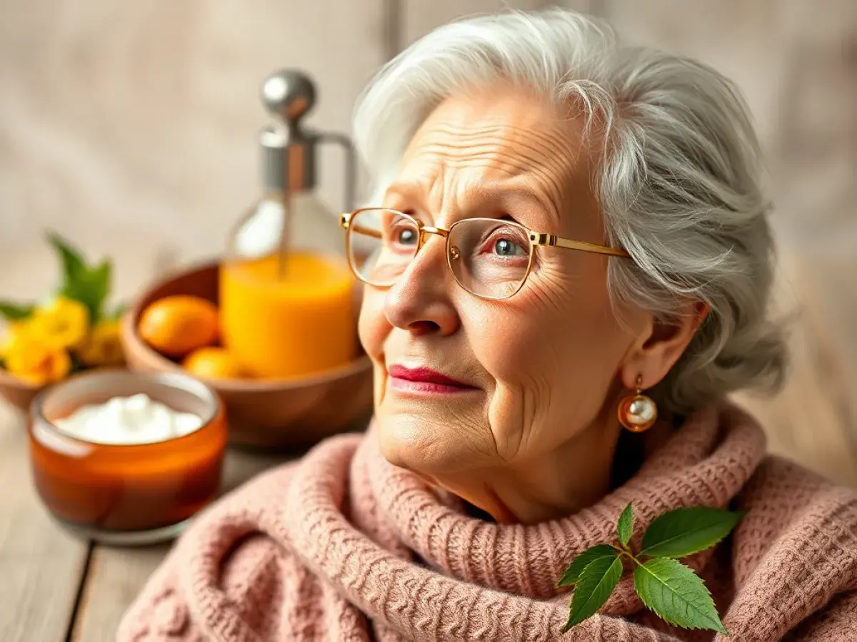 Une femme âgée aux cheveux gris, portant des lunettes, semble réfléchir à un remède de grand-mère contre les rides, avec des ingrédients naturels à proximité.