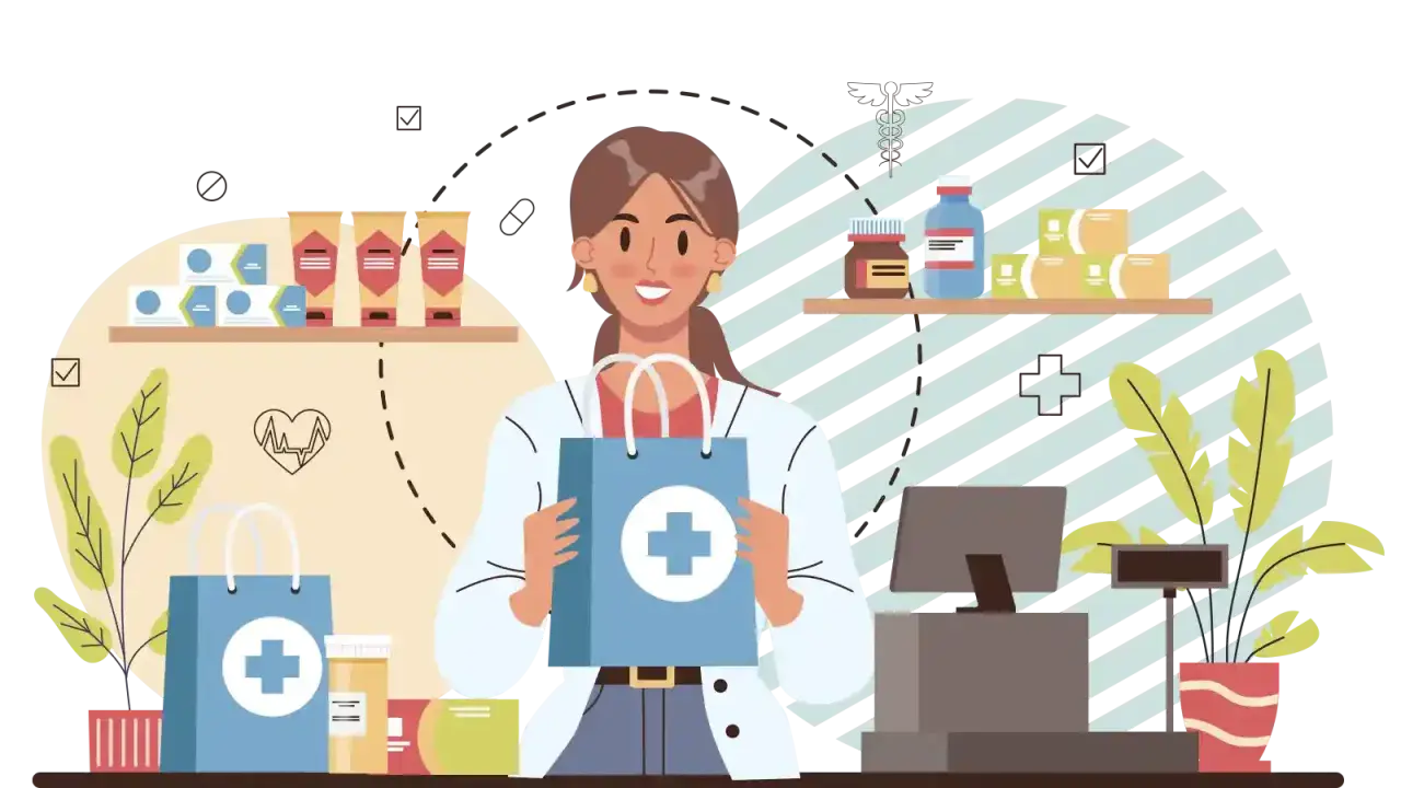 Farmacista sorridente con sacchetto blu, farmaci sugli scaffali. Immagine illustra come diventare farmacista.