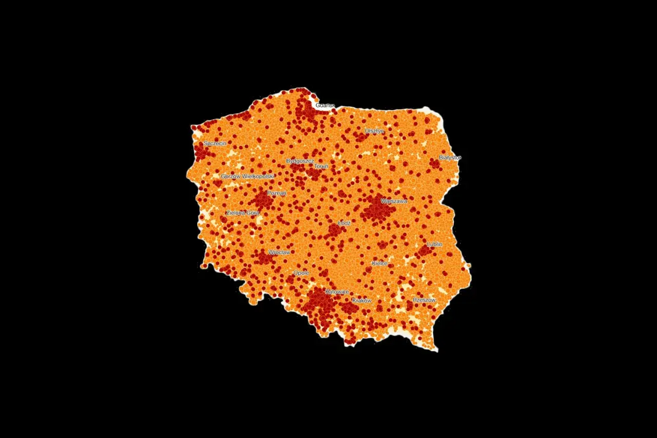 Mapa Polski z zaznaczonymi punktami, wskazującymi zasięg lte bands Poland.