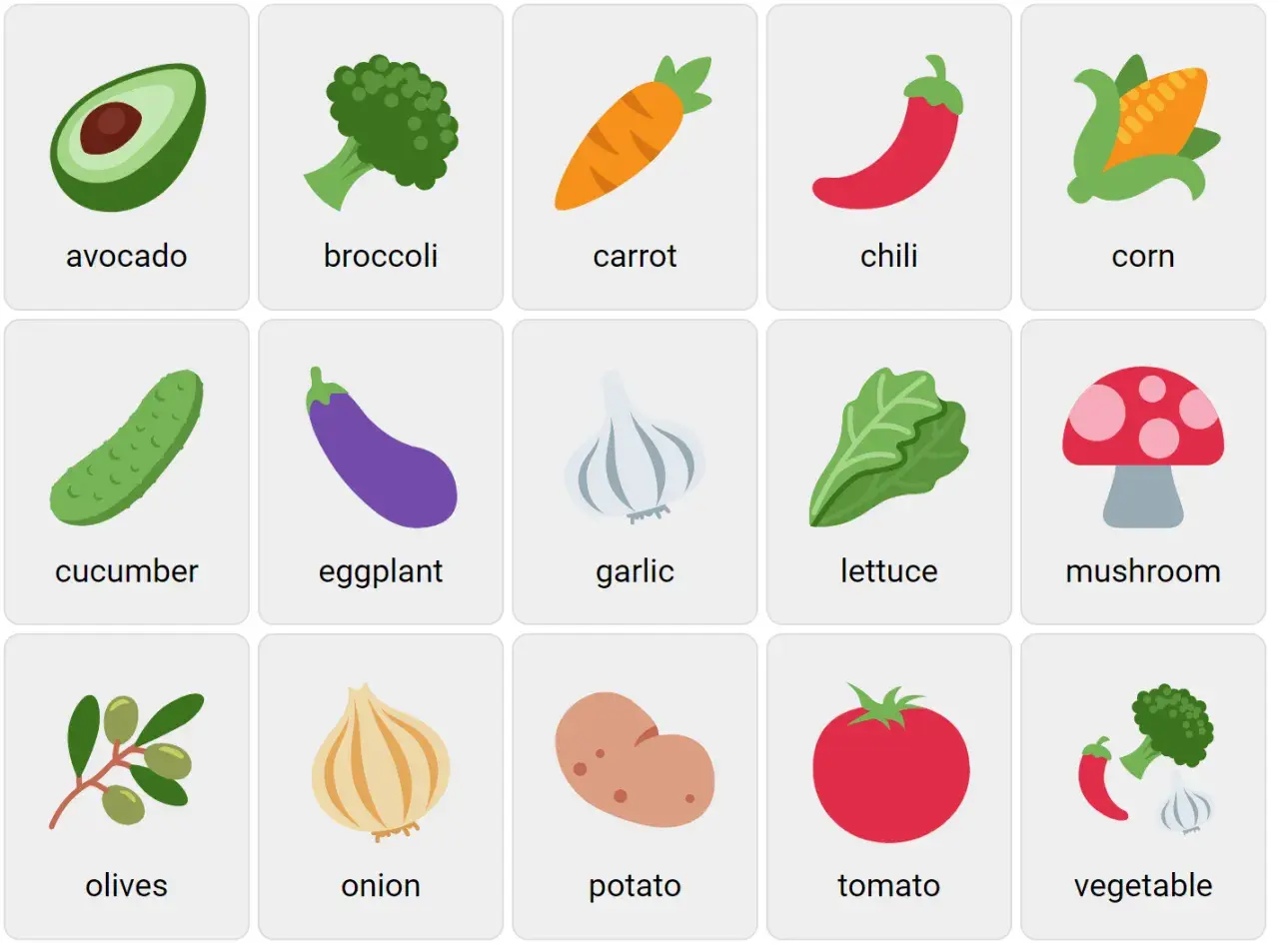 Tarjetas con imágenes de aguacate, brócoli, zanahoria, chile, maíz, pepino, berenjena, ajo, lechuga, champiñón, aceitunas, cebolla, patata, tomate y una verdura.