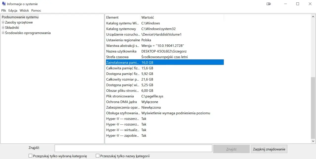 Podsumowanie systemu: zainstalowana pamięć RAM w laptopie to 16,0 GB.