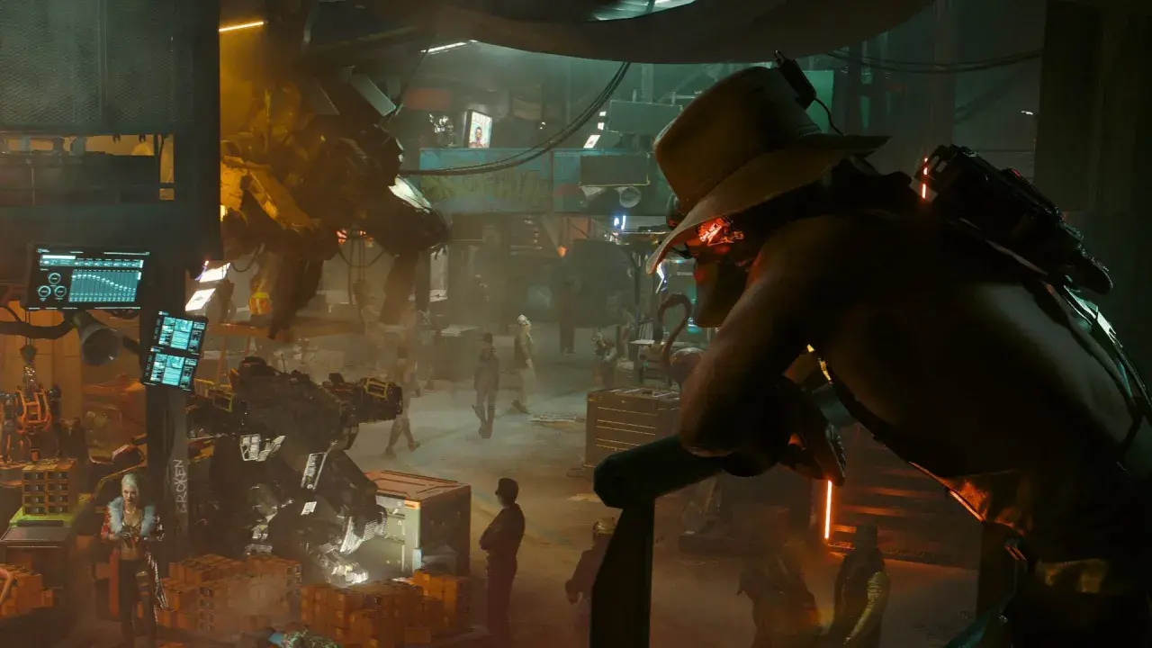 Cyberpunk widmo wolności zakończenia. Postać w kapeluszu obserwuje zniszczony warsztat, gdzie roboty i ludzie tworzą przyszłość.