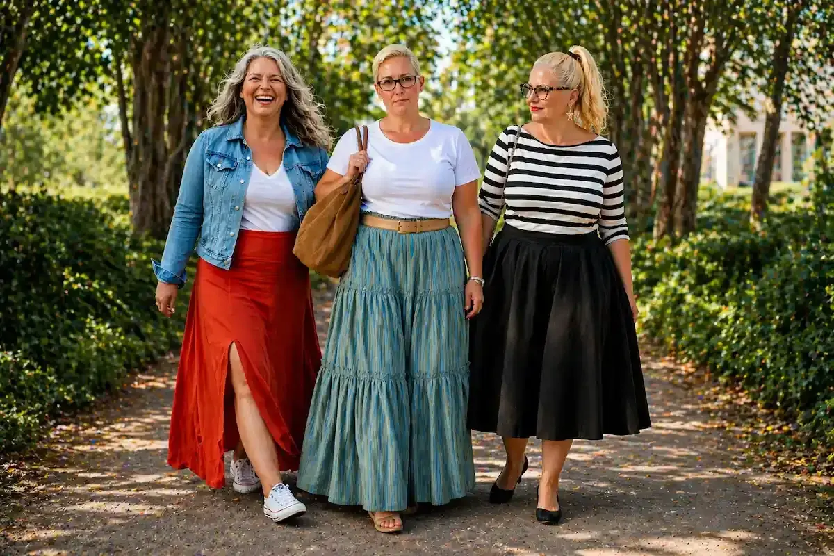 Drei Frauen spazieren im Freien. Sie tragen Kleider, die den **Bauch kaschieren**.