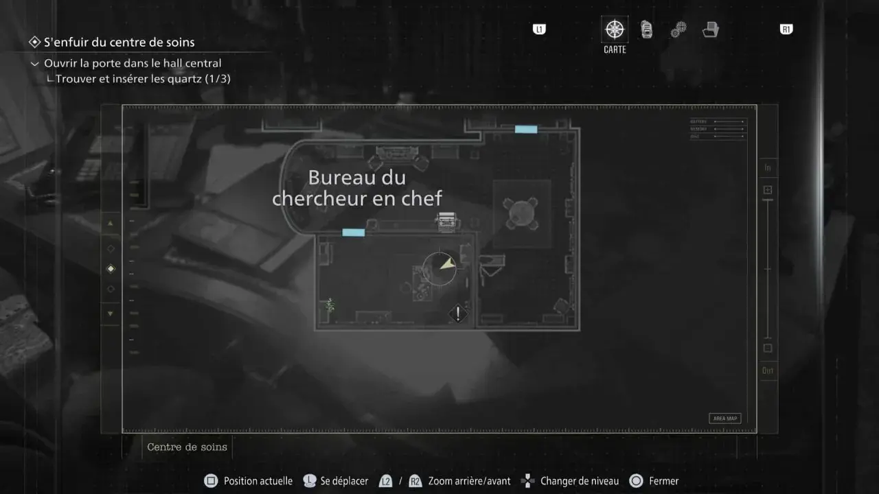 Carte du centre de soins, objectif : trouver les quartz dans le bureau du chercheur en chef, un complément commune lieu dit.