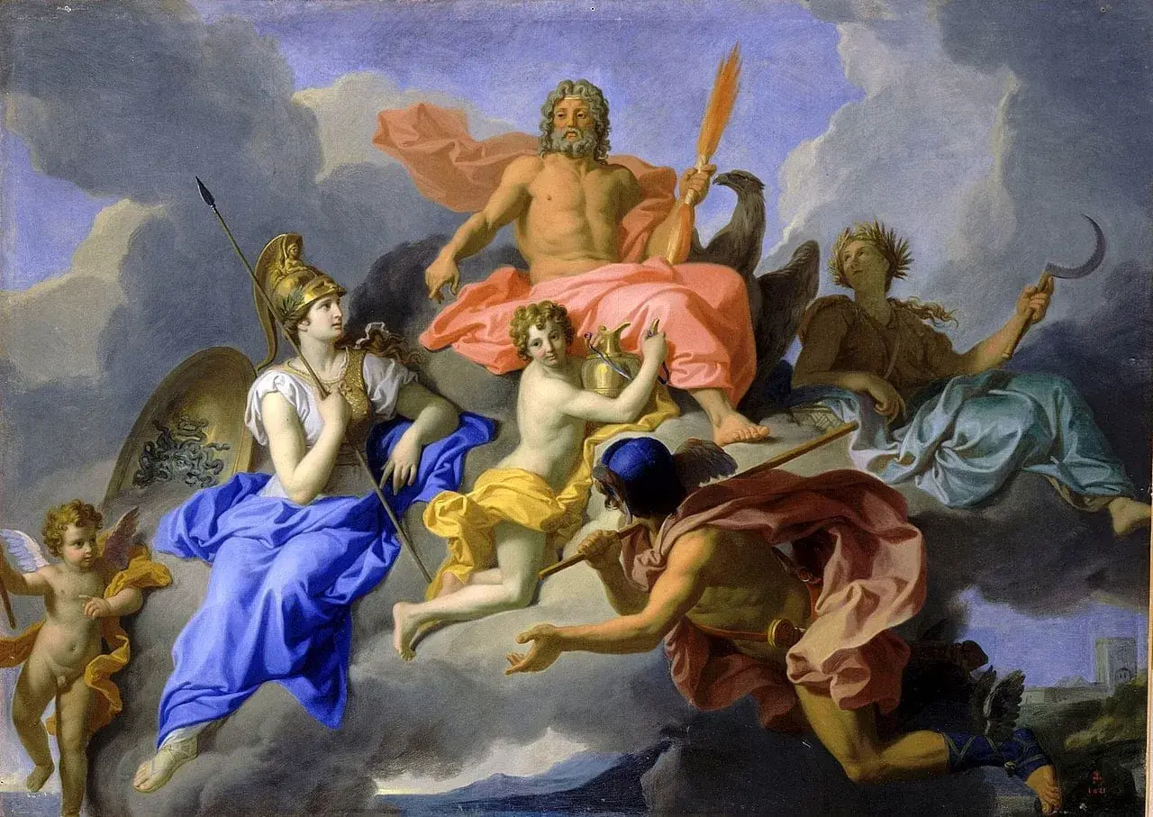 Gudinnan Athena, en krigisk gudom, sitter med spjut och sköld. Ovanför henne tronar Zeus, omgiven av andra gudar och putti.