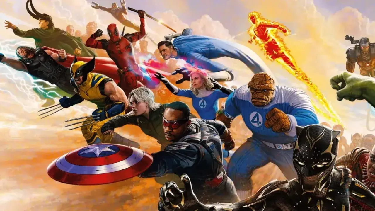 Les héros Marvel, dont les Quatre Fantastiques, se rassemblent pour la phase 6. Thor, Wolverine, Deadpool, Captain America, Black Panther, La Chose, La Torche humaine, Hulk, Loki, et plus encore.