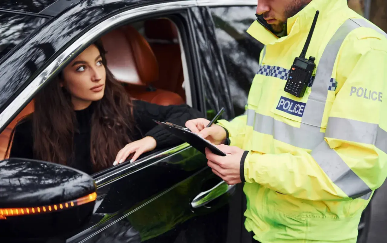 Policjant w kamizelce odblaskowej spisuje mandat za wagę. Kobieta w samochodzie patrzy z niepokojem.