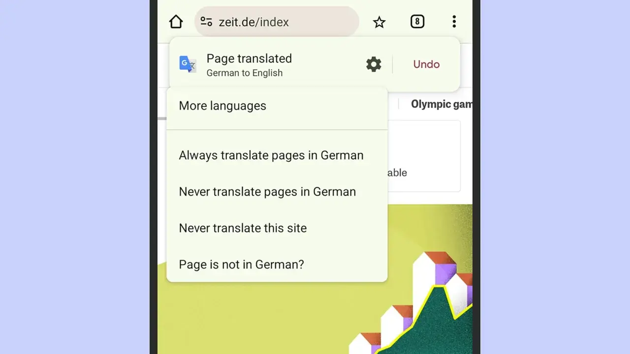 Menú de traducción de página de alemán a inglés. Opciones para gestionar sitios en inglés y otros idiomas.