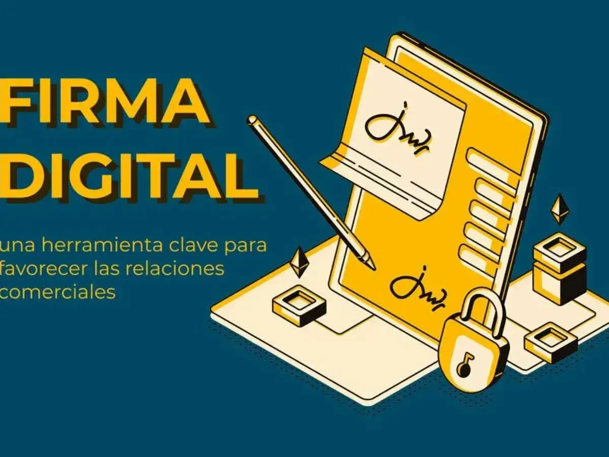 Firma digital: un documento con firma p.p. ejemplo, un candado y un lápiz sobre una tablet.