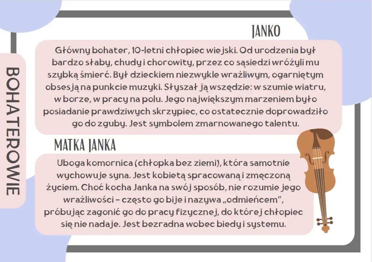 Janko Muzykant streszczenie: wrażliwy chłopiec zafascynowany muzyką, którego marzenie o skrzypcach prowadzi do zguby. Jego matka, zmęczona życiem, nie rozumie syna.