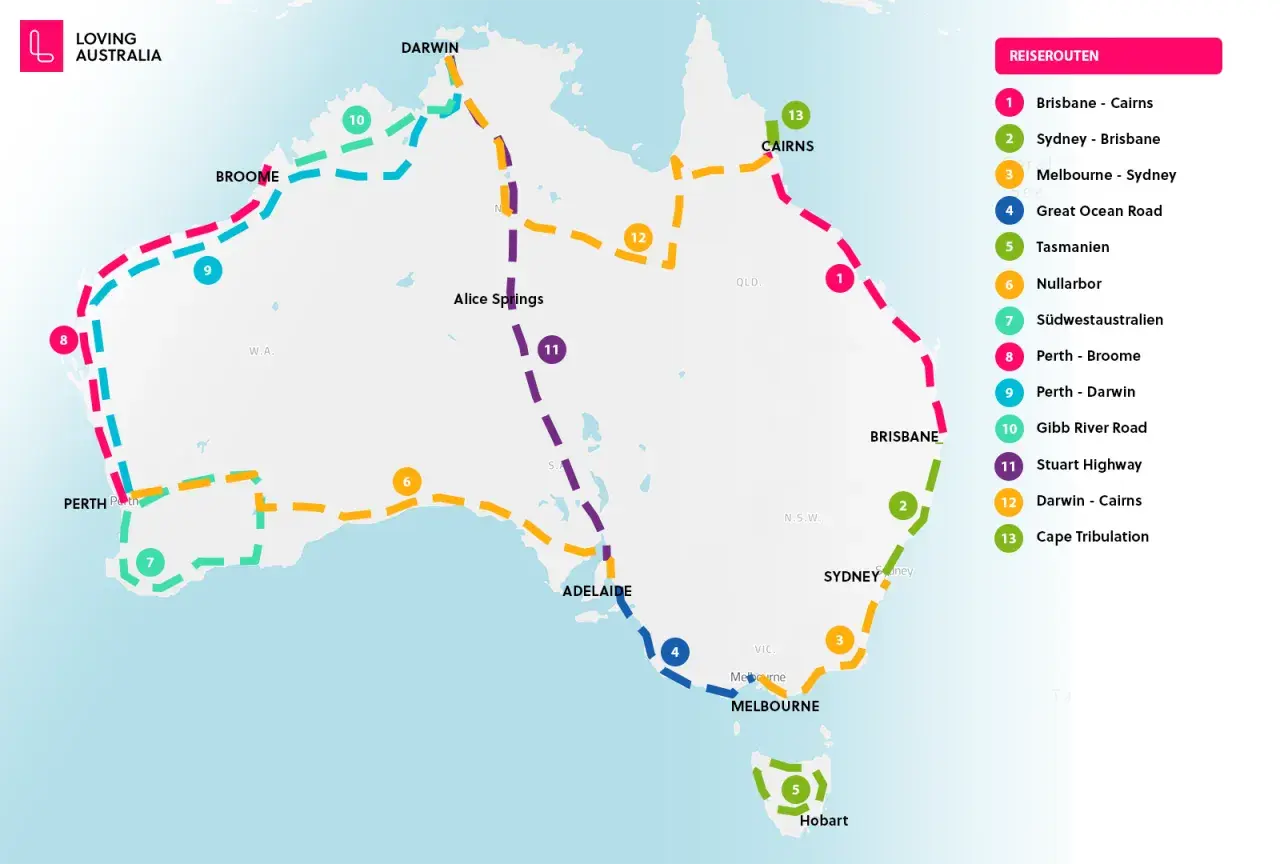 Australien-Karte mit Routen: 2 Wochen Australien? Ja, das lohnt sich! Von Perth bis Cairns, die Vielfalt ist riesig.