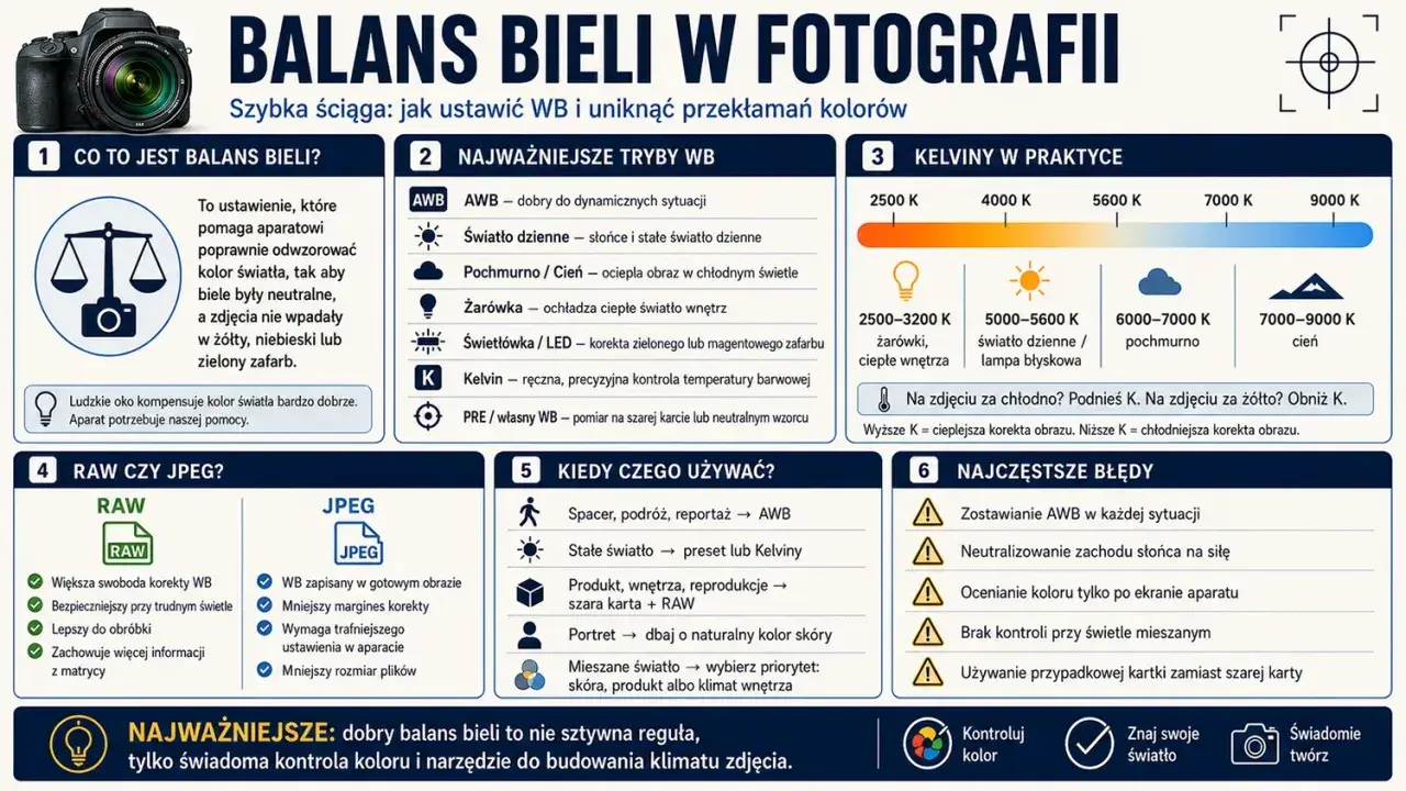 Poradnik o balansie bieli w fotografii. Wyjaśnia, jak ustawić WB, by uniknąć przekłamań kolorów. Zawiera informacje o trybach WB, kelwinach i błędach.