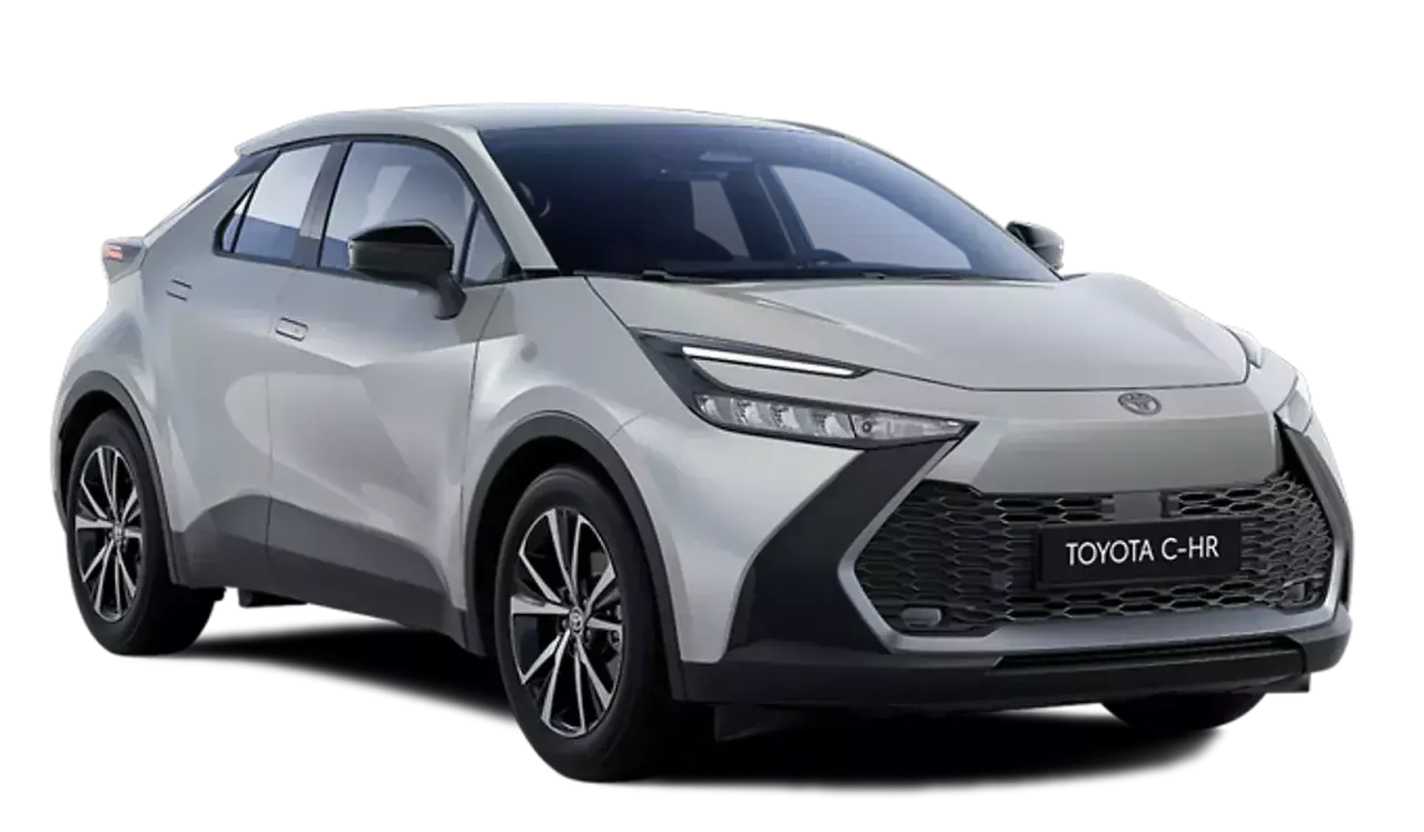 Nowy, srebrny suv Toyota C-HR z czarnymi akcentami i nowoczesnymi światłami.